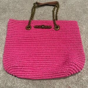Kurt Geiger London Pink Woven Raffia Tote